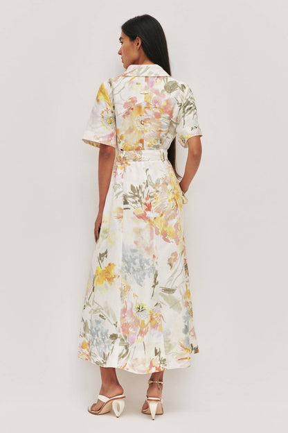 AJ Manon Linen-viscose Belted Midi Dress