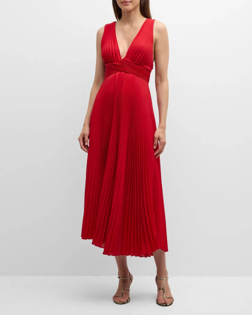 ALC Everly Pleated V Neck Midi Dress