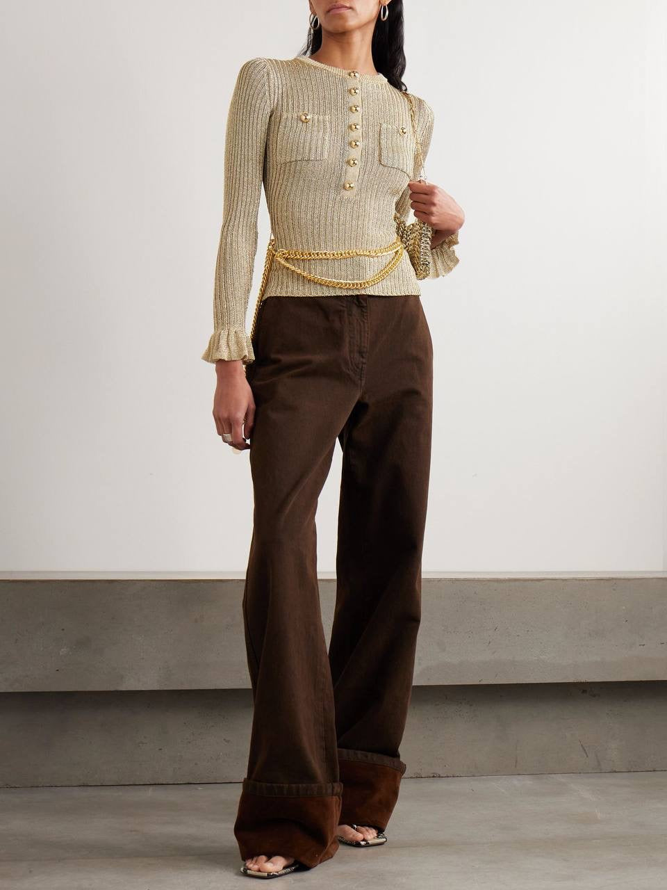 SP Gold Lurex Ribbed Knit Long Sleeved Top | Ruffle Hem Mini Dress