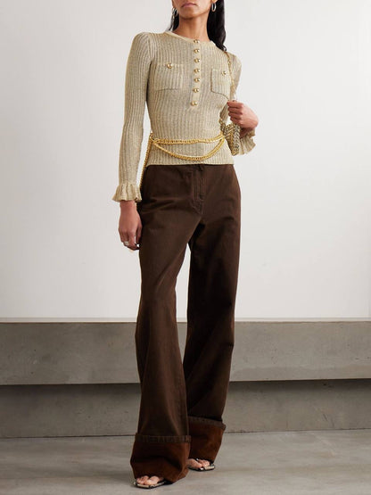 SP Gold Lurex Ribbed Knit Long Sleeved Top | Ruffle Hem Mini Dress