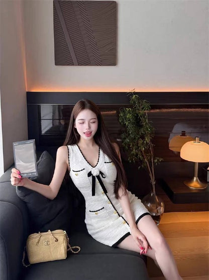 SP White Pointelle Knit Bow Midi | Mini Dress