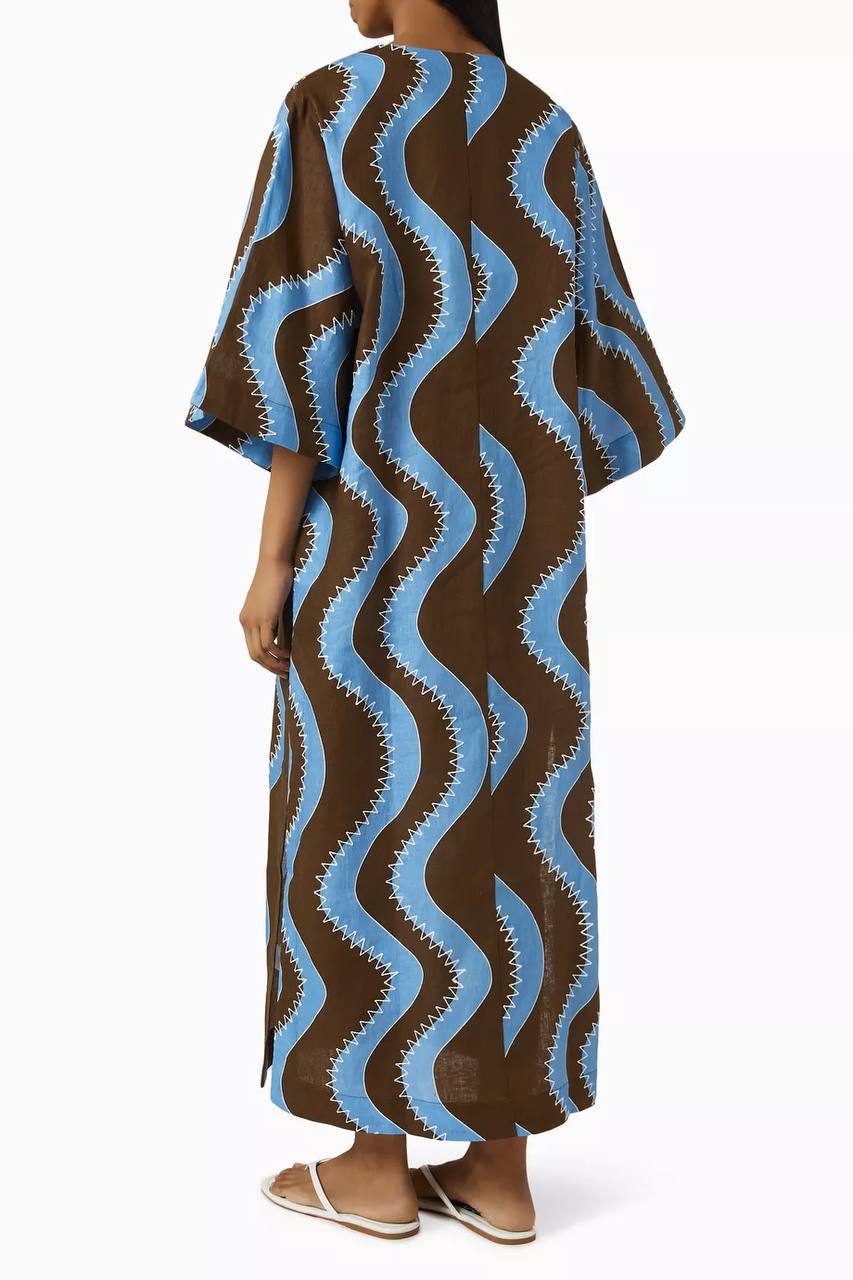 ALM019 Bold Brown/Blue Wave Stitch Tunic Shift Linen Midi Dress