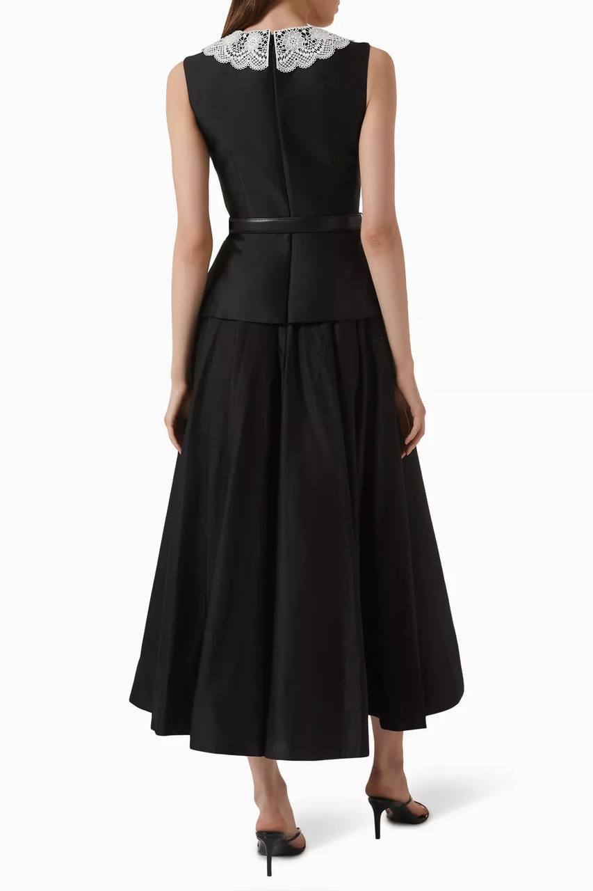 SP Black Belted Peplum Midi Dress in Taffeta