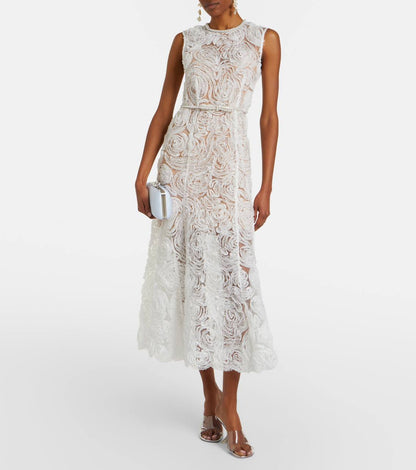 SP White Tulle Lace Belted Midi Dress