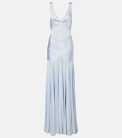 SP Blue Satin Jersey Tie Maxi Dress - Image 10