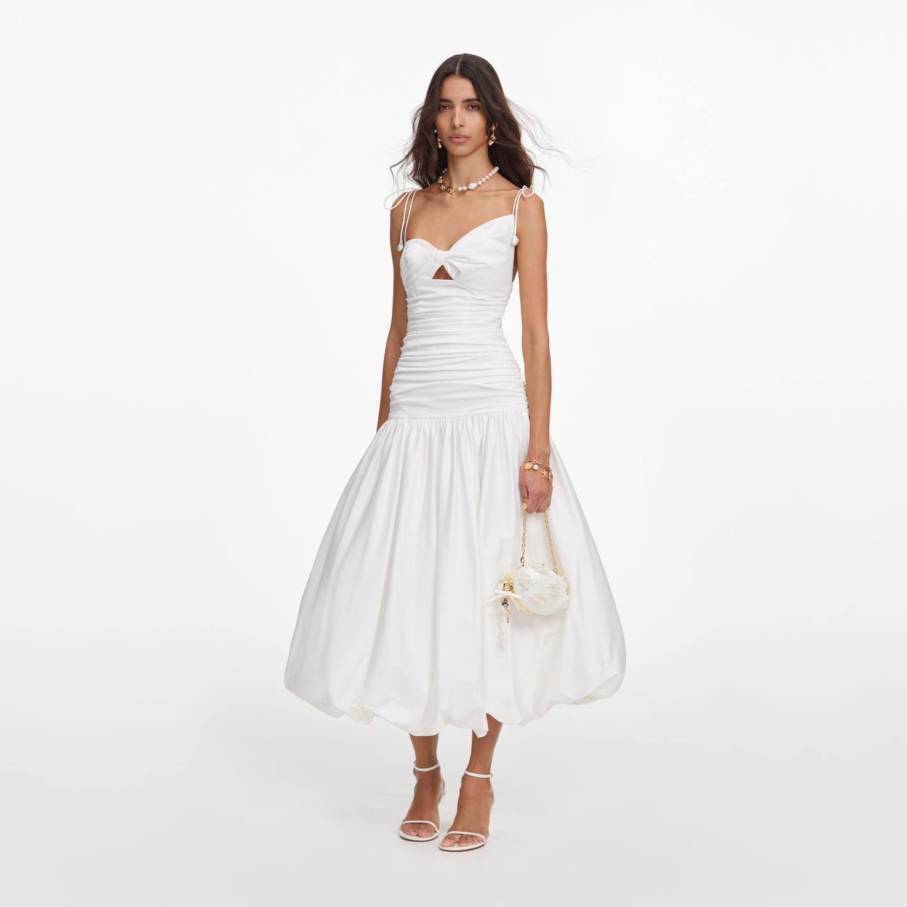SP White Cotton Gathered Asymmetrical Midi Dress