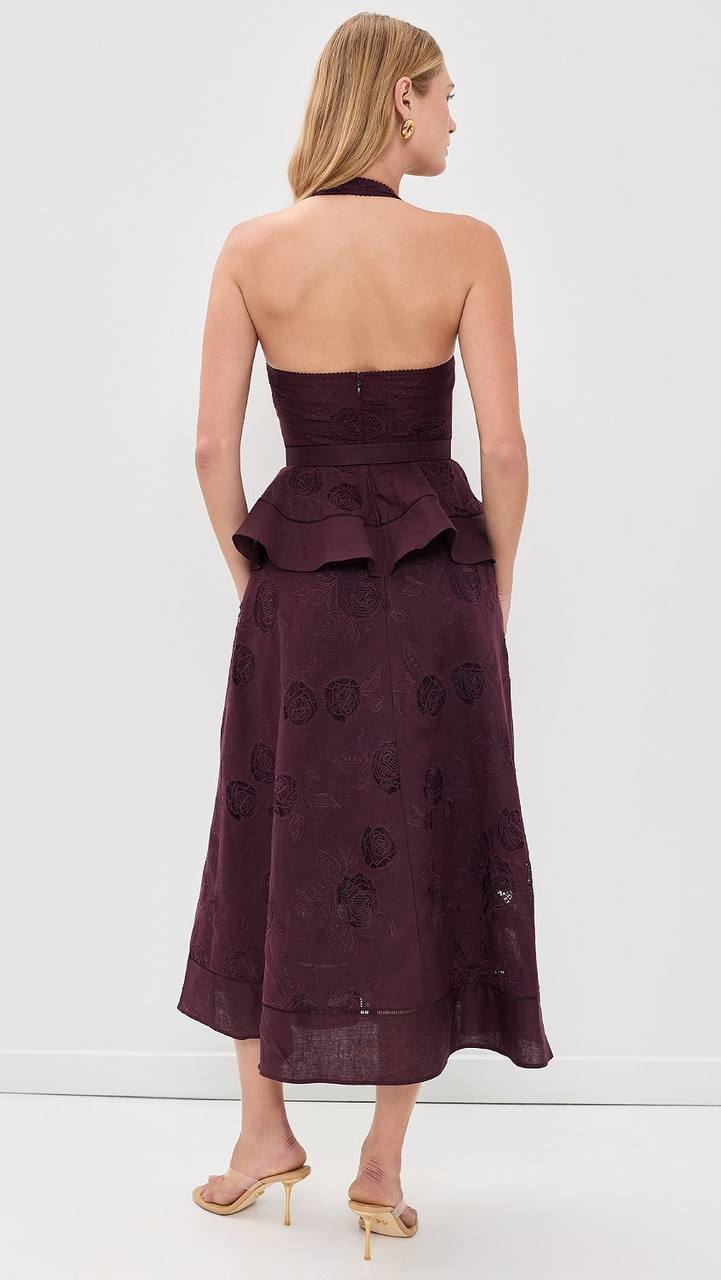 SP Plum Linen-cotton Halter Peplum Midi Dress