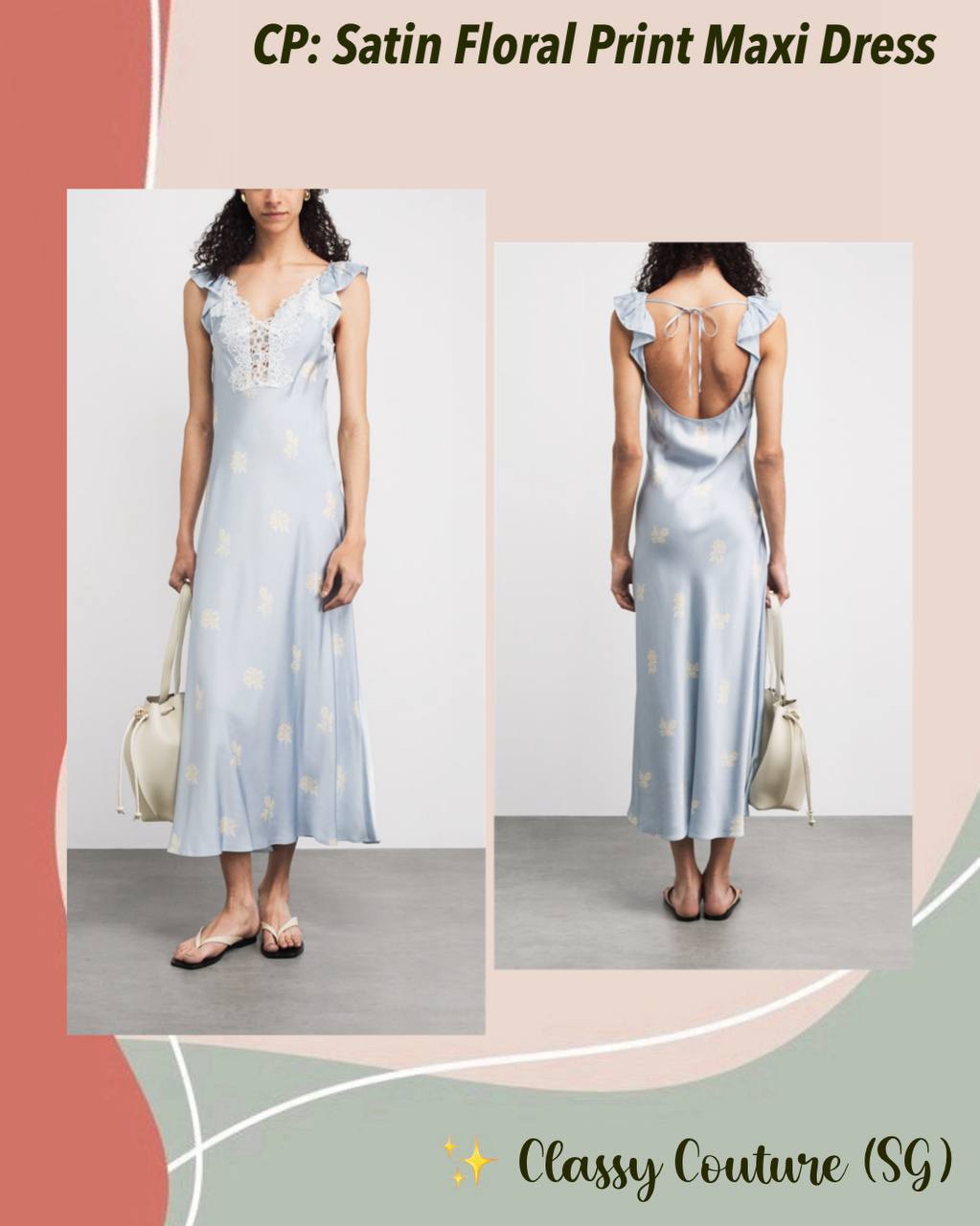 CP Viscose Satin Blue Floral Print Lace-front Maxi Dress