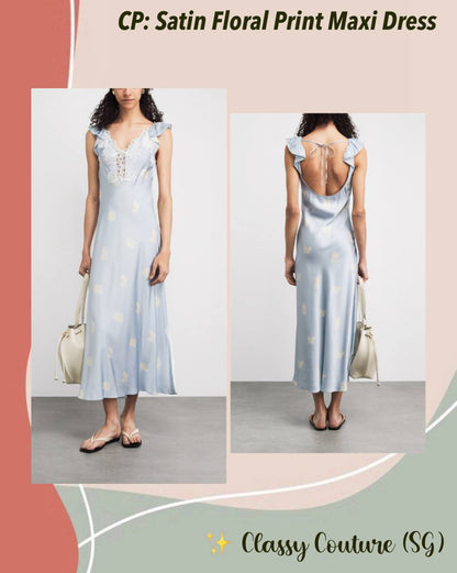 CP Viscose Satin Blue Floral Print Lace-front Maxi Dress