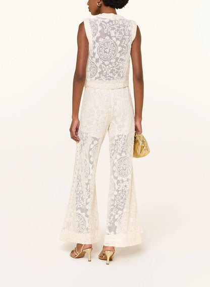 MJ Laros Guipure Lace Sleeveless Jacket Vest Top | Paros Trousers Pant | Cotton Set