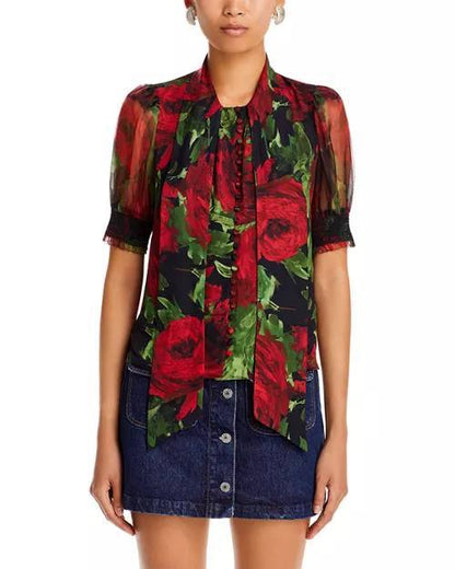 AO Brentley Tie-neck Puff-sleeved Viscose & Silk Top