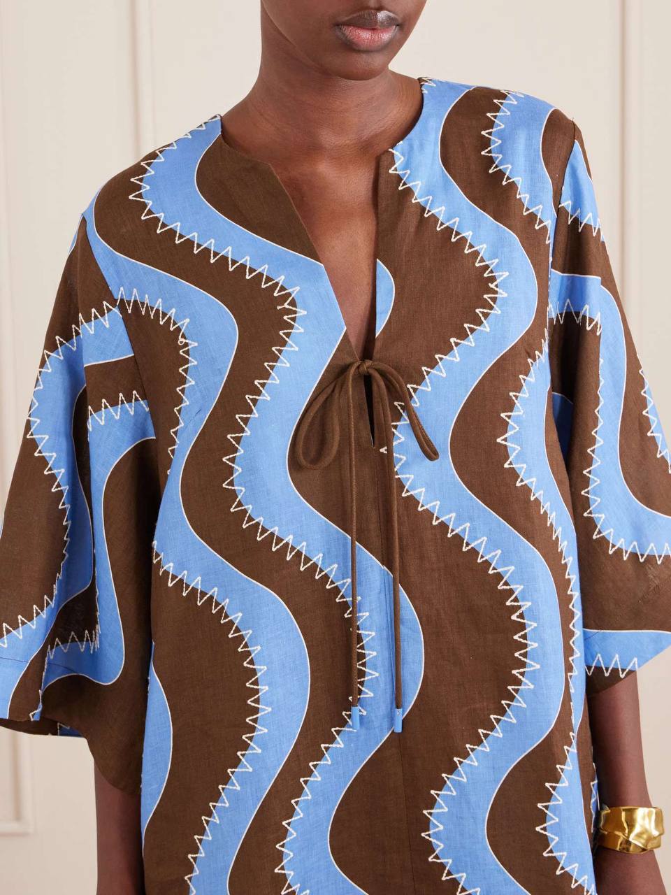 ALM019 Bold Brown/Blue Wave Stitch Tunic Shift Linen Midi Dress