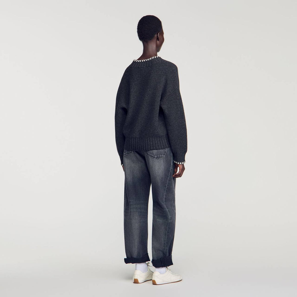 Grey Braided V-Neck Wool-blend Jumper Sweater