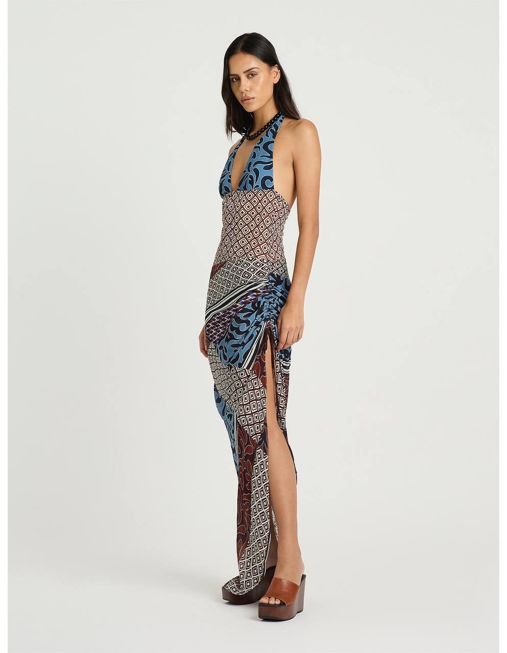 BN Marnie Halter Plunge Maxi Dress in Terra Mosaic Print