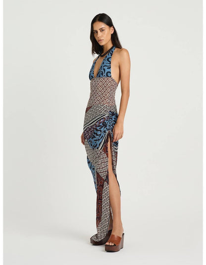BN Marnie Halter Plunge Maxi Dress in Terra Mosaic Print
