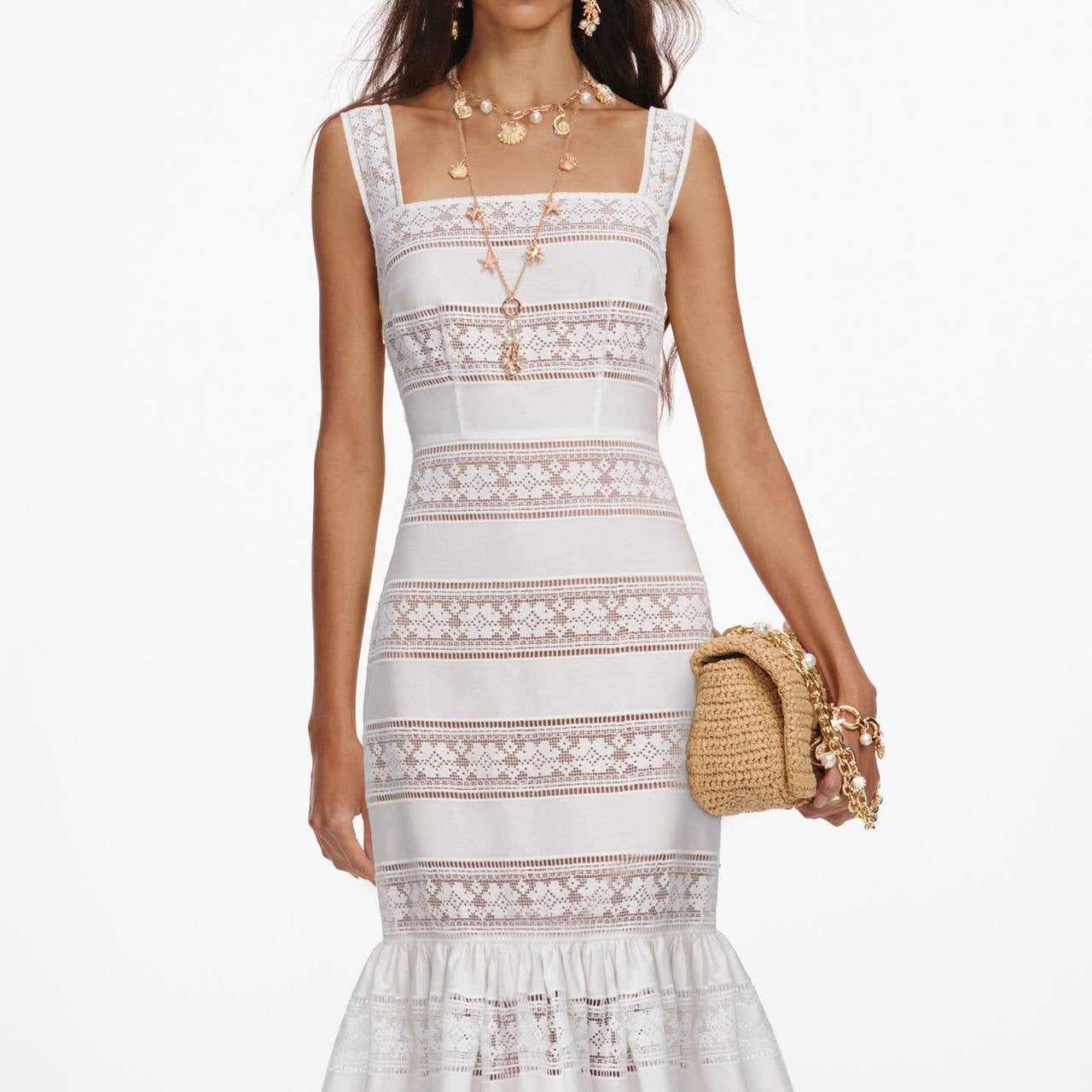 SP White Cotton Embroidered Cotton Flared Mermaid Midi Dress