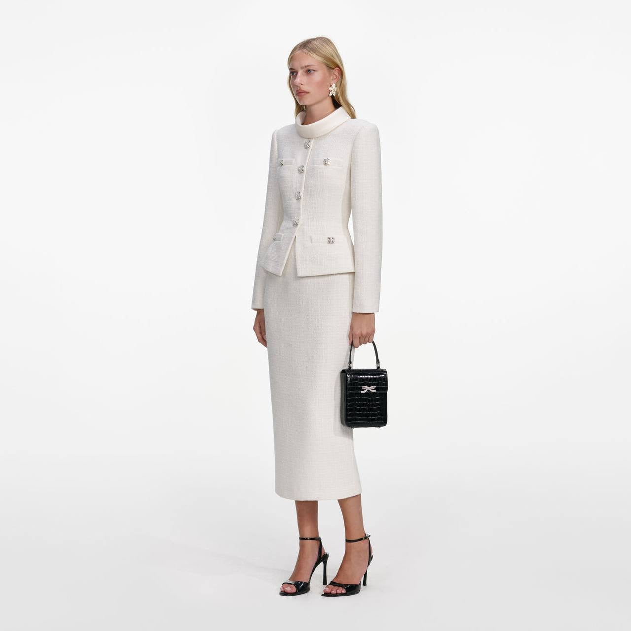 SP Cream Boucle Tailored Peplum Midi Dress