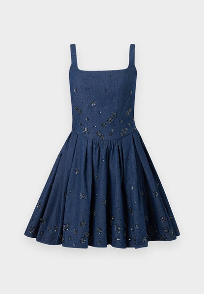 MJ Robradito Flared Embroidered Denim Mini Dress