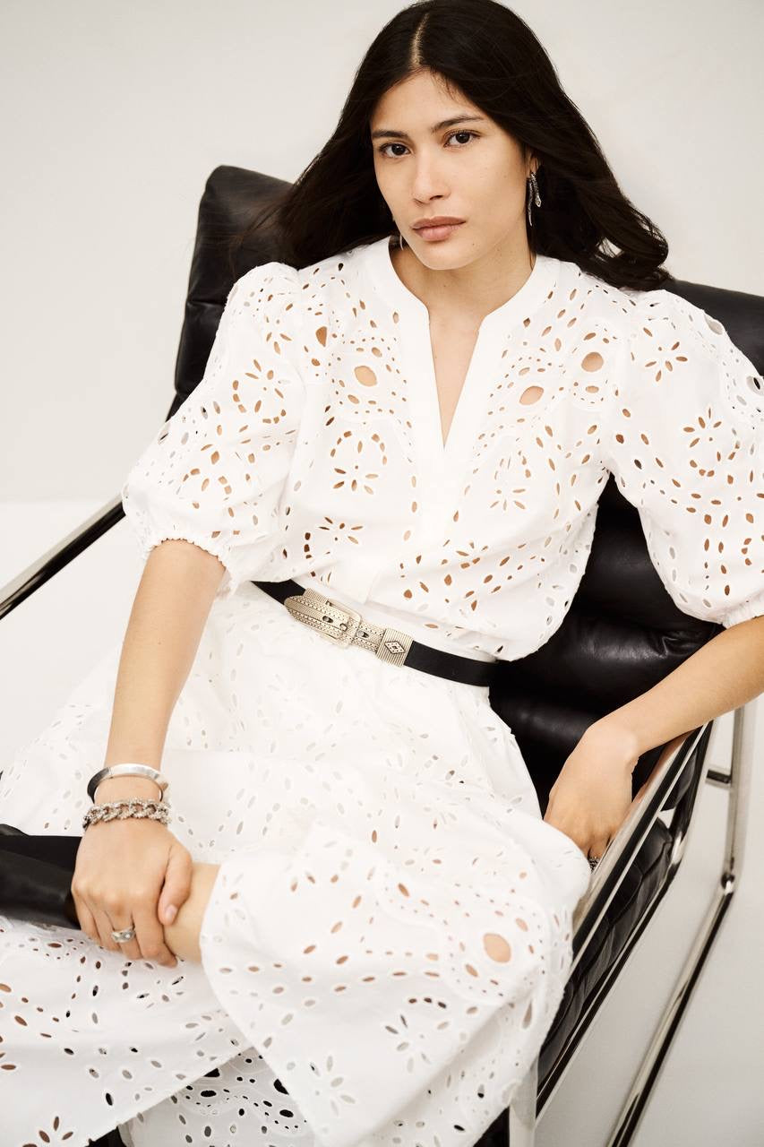 BA Bela Embroidered Eyelet Flared Organic Cotton Midi Skirt