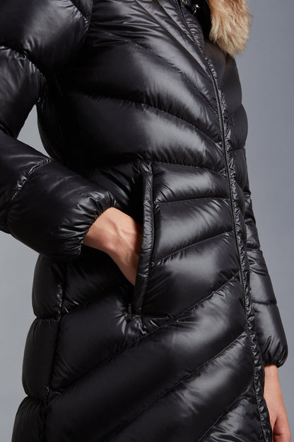 MC Chandre Long Down Puffer Jacket Coat With Removable Shearling Trim in Black