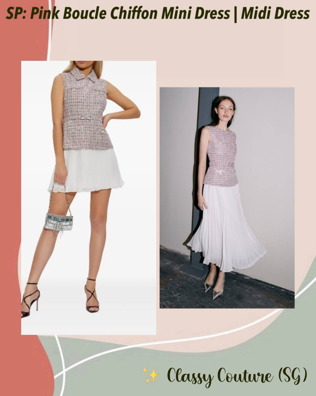 SP Pink Boucle Chiffon Collared Mini Dress | Bow Belted Midi Dress