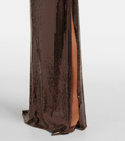 AP Sequined Gathered Strapless Gown Maxi Dress