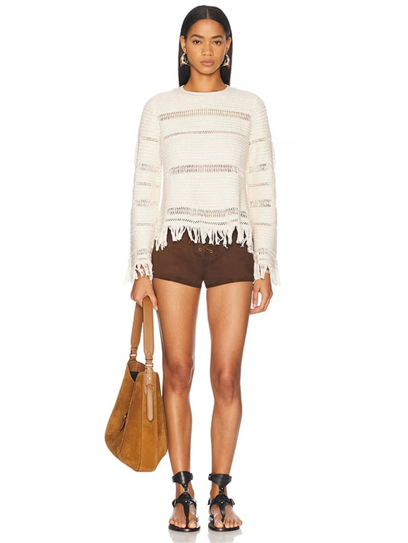 IM Azilis Open Stitch Fringe Cotton Crewneck Sweater Pullover