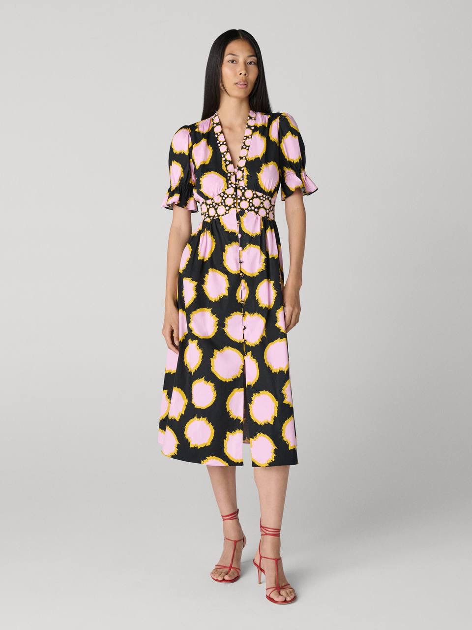 DVF Erica Stretch-cotton Midi Dress in Giant Ikat Stones Black/Pink