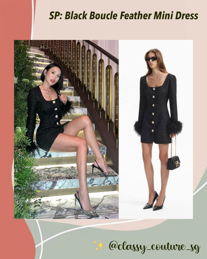 black boucle feather mini dress Self-Portrait Black Boucle Feather Mini Dress Long Sleeve Tweed Dress for Ladies