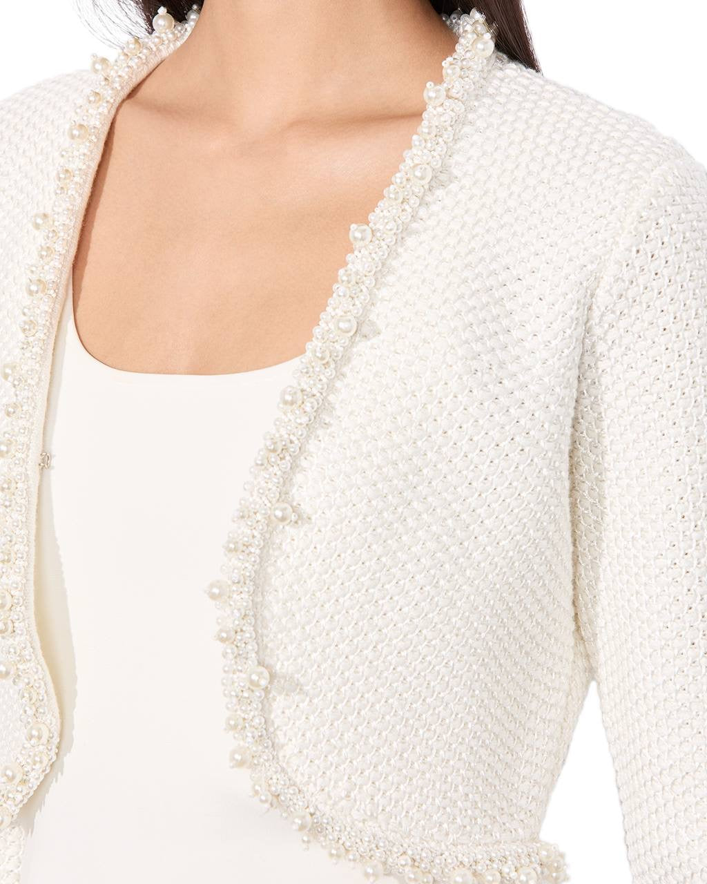 White Duke Pearl-Embellished Cotton-wool blend Cropped Cardigan