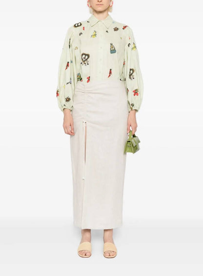 ALM Montie Embroidered Linen Shirt | Tie Wrap Midi Skirt | Set