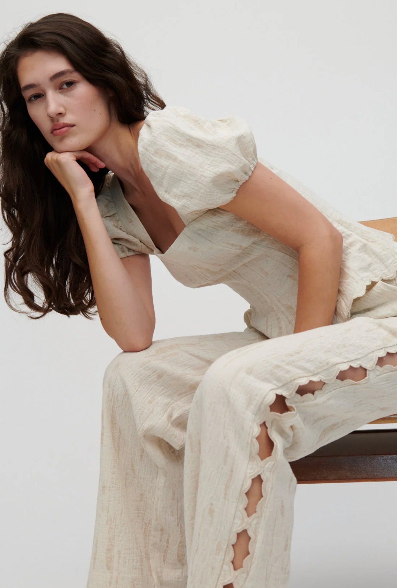 HFM Kira Puff Sleeve Top | Aura Pant Trousers | Scalloped Hem Edge Cotton-linen blend Set