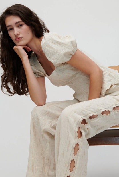 HFM Kira Puff Sleeve Top | Aura Pant Trousers | Scalloped Hem Edge Cotton-linen blend Set