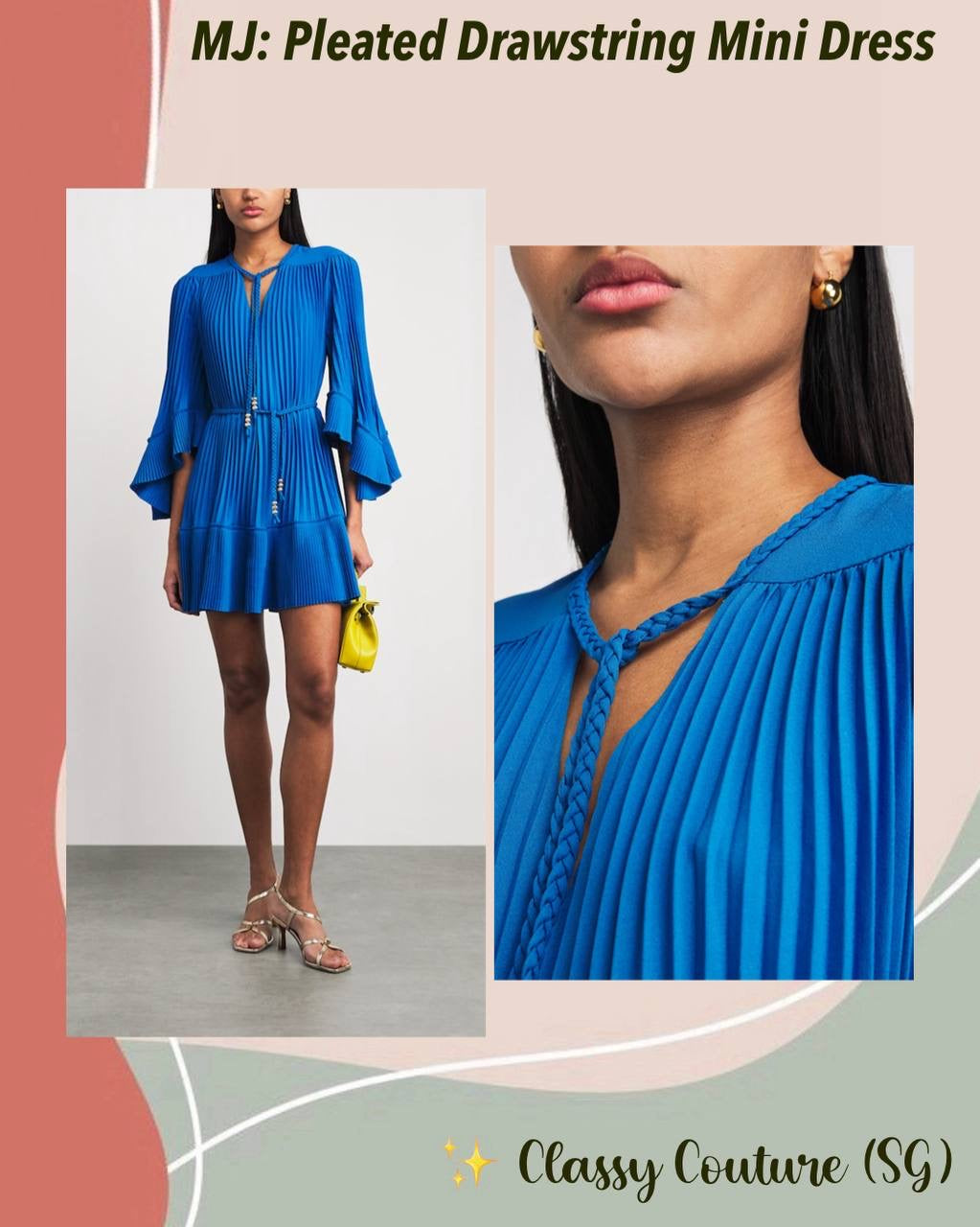 MJ Pleated Braided Drawstring Bell-sleeve Mini Dress