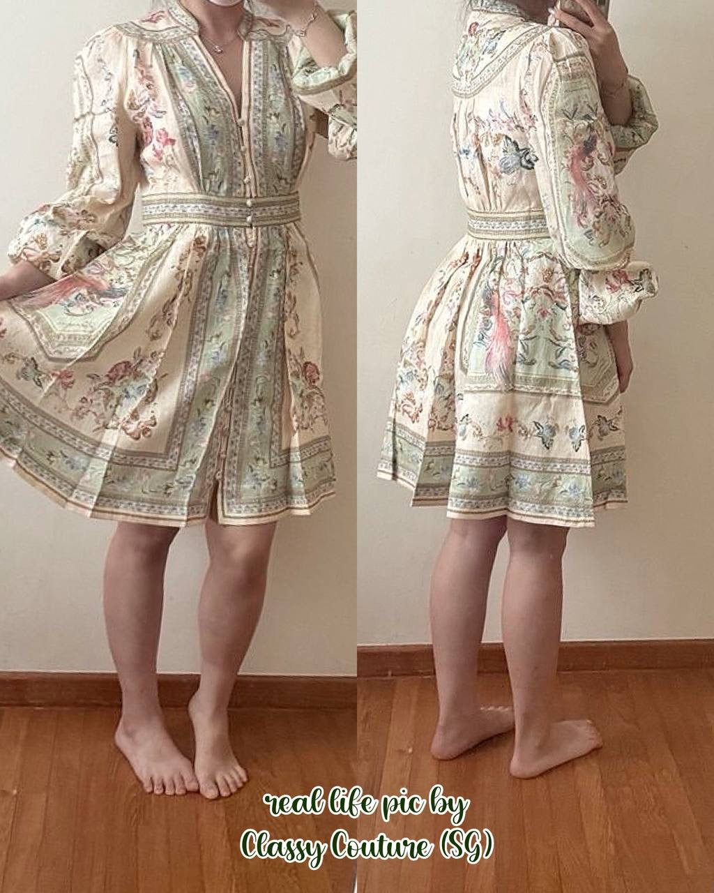 045ZM Green Floral Tapestry Buttoned Linen Mini Dress