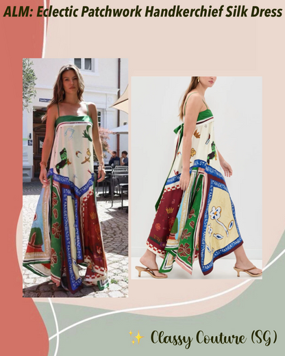ALM021 Green Eclectic Patchwork Handkerchief Silk Maxi Dress Sundress