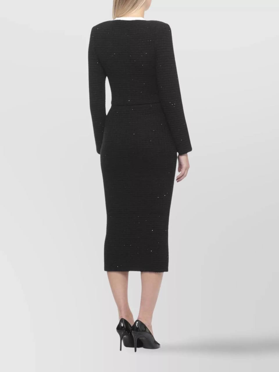 SP Black Textured-Knit Embellished Floral Jacket | Skirt