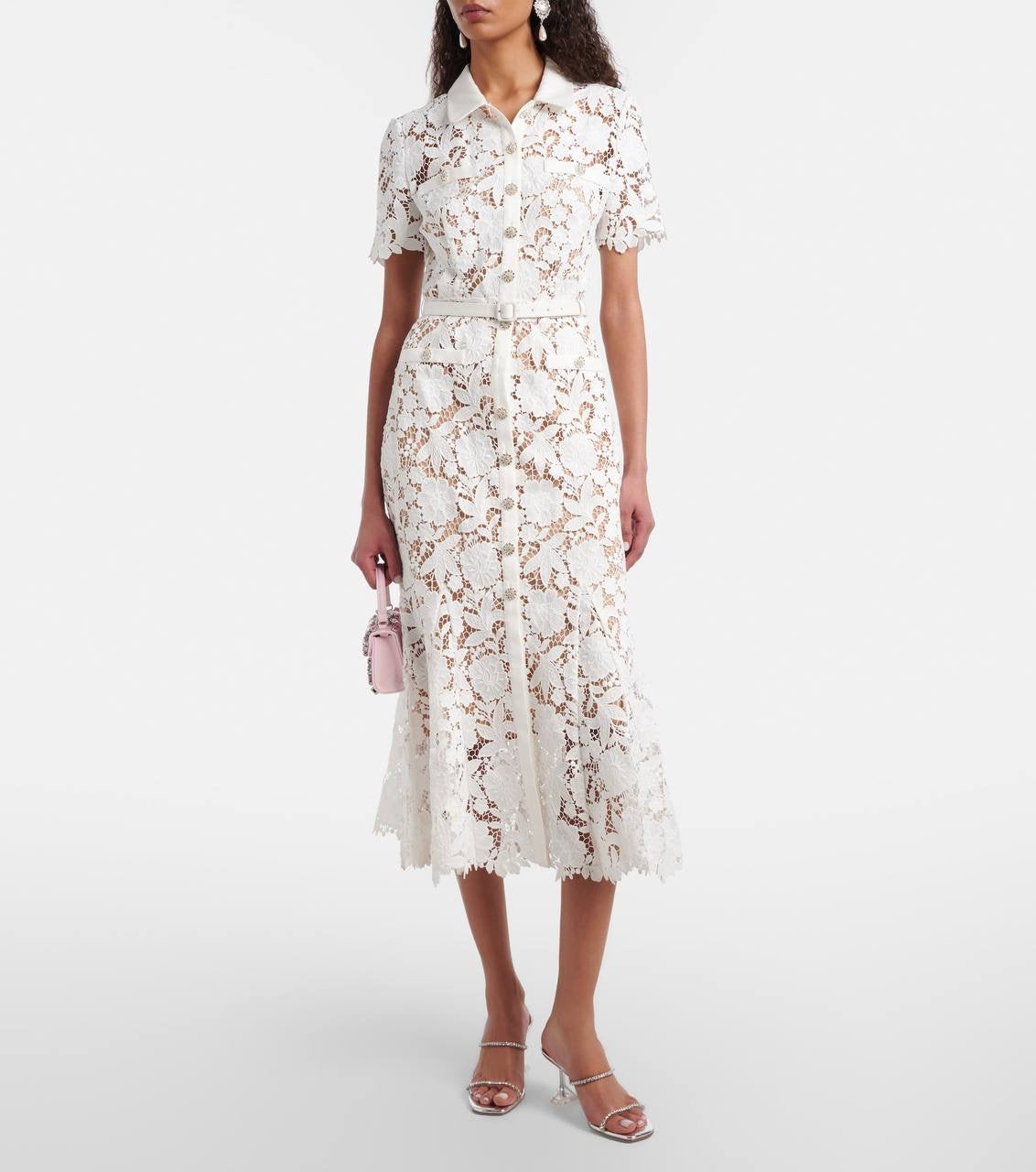 SP White Lace Collared Mermaid Belted Midi Dress