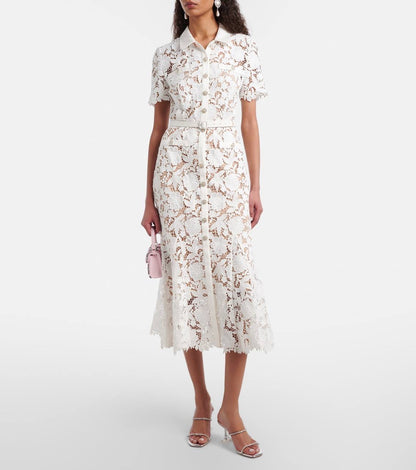 SP White Lace Collared Mermaid Belted Midi Dress