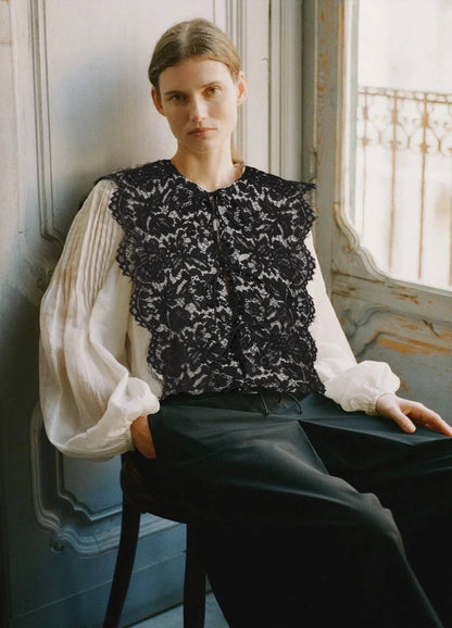 SE Norabelle Ramie Long Sleeve Top with Cotton Lace Overlay