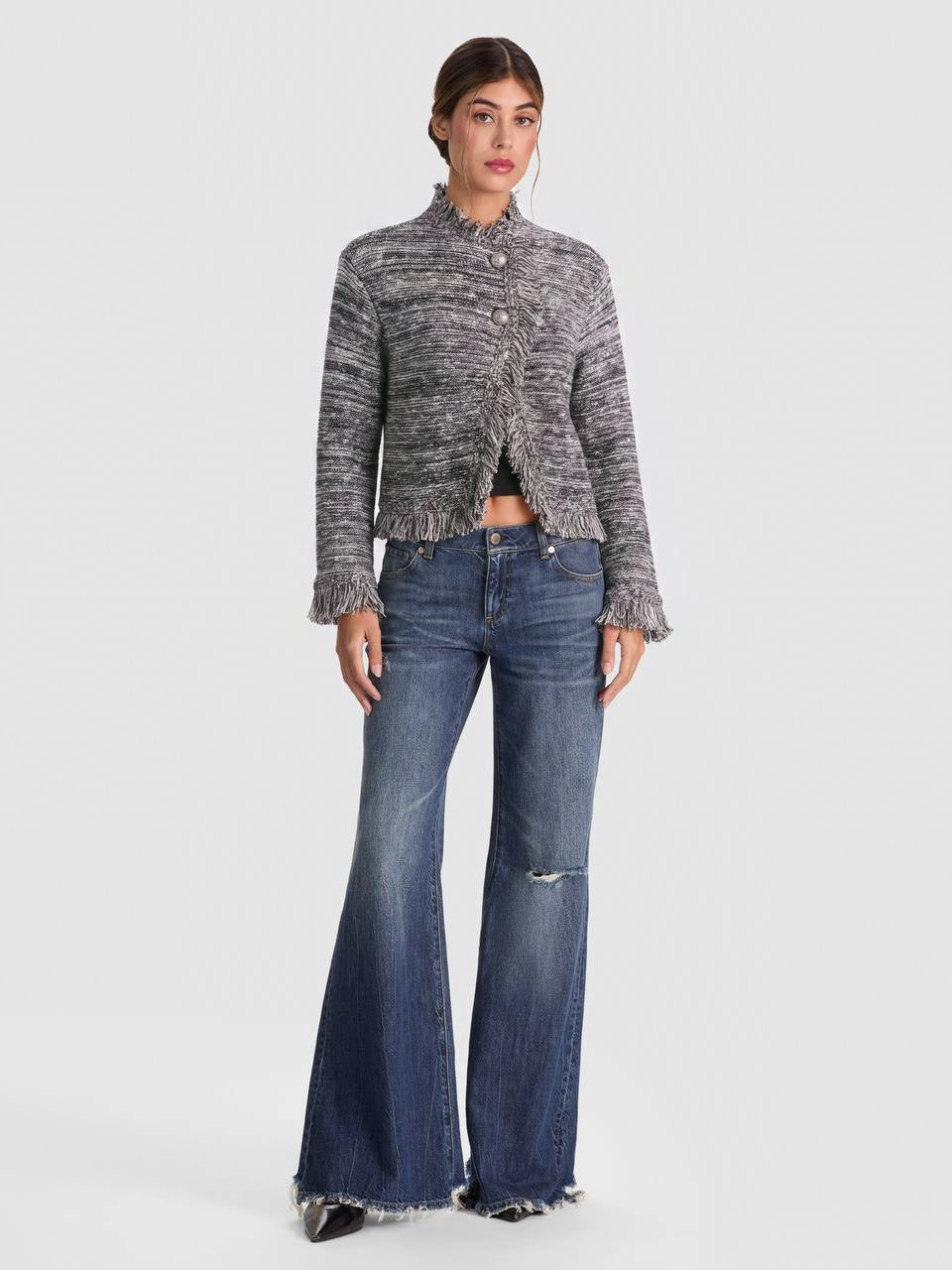 Grey Janet Fringe Wool-cotton Boucle-tweed effect Jacket