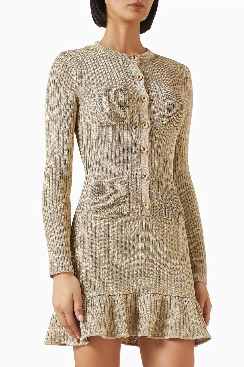 SP Gold Lurex Ribbed Knit Long Sleeved Top | Ruffle Hem Mini Dress
