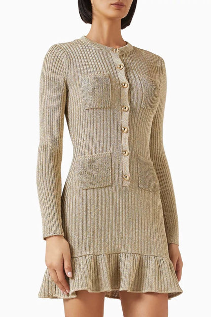 SP Gold Lurex Ribbed Knit Long Sleeved Top | Ruffle Hem Mini Dress