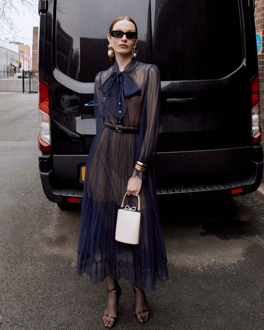 SP Navy Blue Dot Mesh Midi Dress