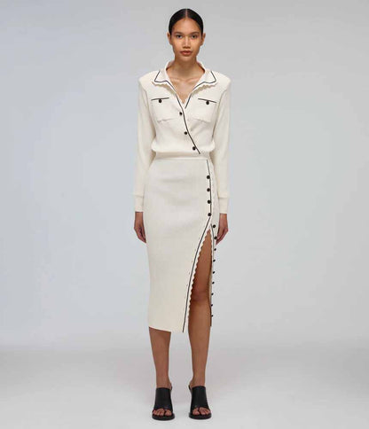 SP Contrast Stitch Ribbed Knit Midi Dress in Ivory White