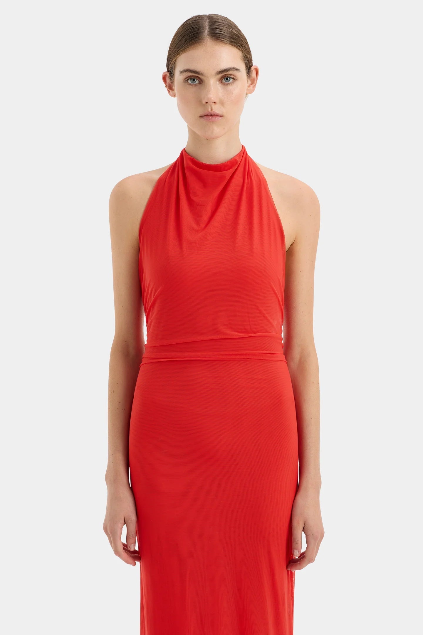 STL Jacques Mesh Halter Midi Dress in Pomelo Red