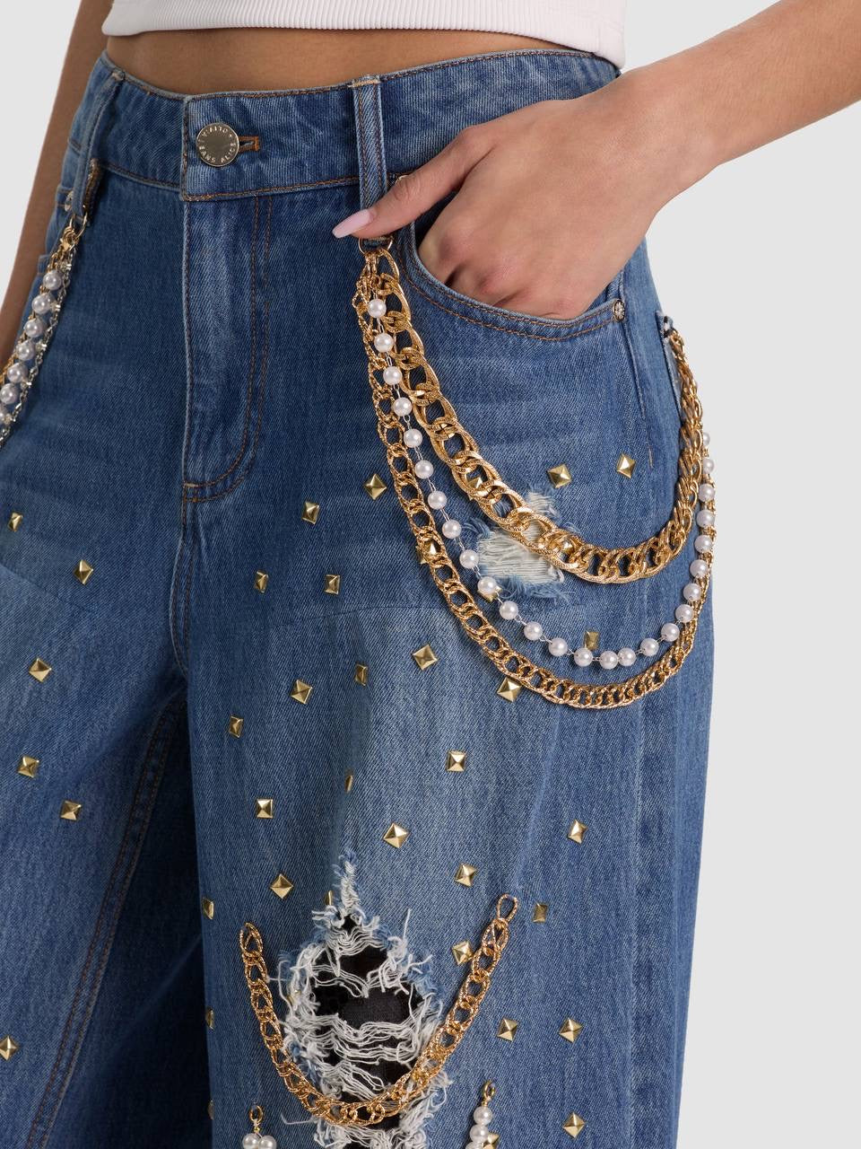 Harper Gold-tone Chain & Pearl-Embellished Ripped Mid-Rise Wide-leg Jeans