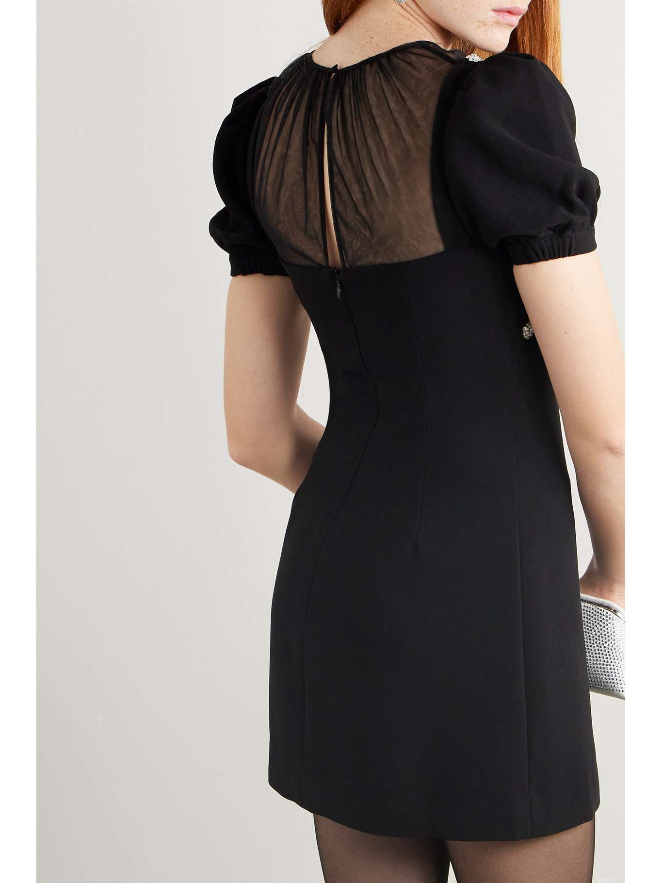 SALE! SP Blacked Tulle-panelled Crystal Embellished Crepe Puff Sleeve Mini Dress
