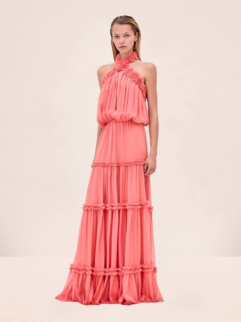 ALX Izbelle Crinkled Chiffon Floral Tiered Halter Maxi Dress in Hibiscus