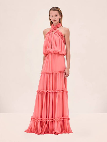 ALX Izbelle Crinkled Chiffon Floral Tiered Halter Maxi Dress in Hibiscus